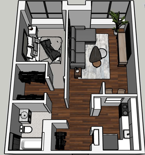 Floor plan for 1 bed, 1 bath, 540 sqft